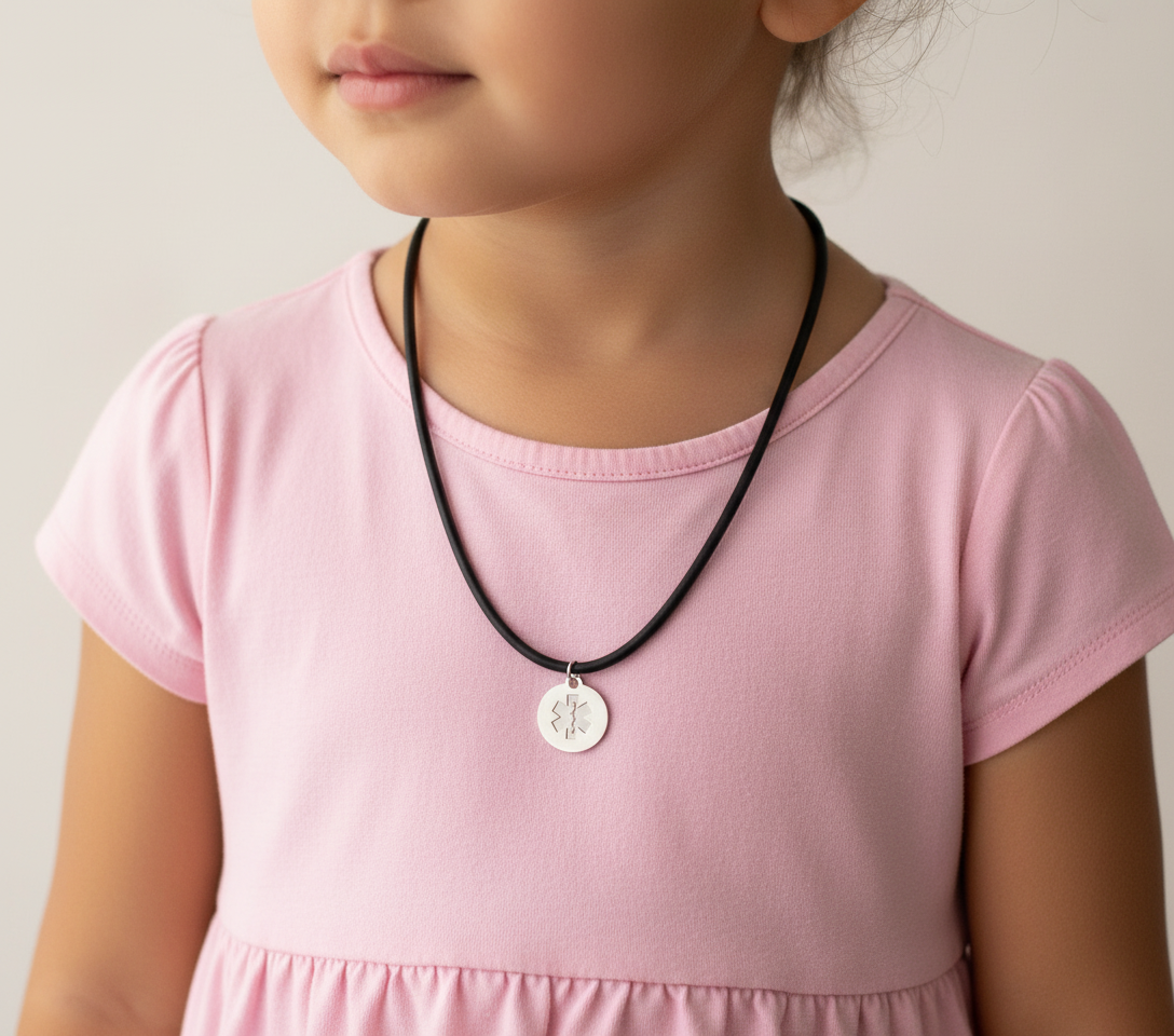 Medical ID Medallion Shield Black Rubber Cord Necklace