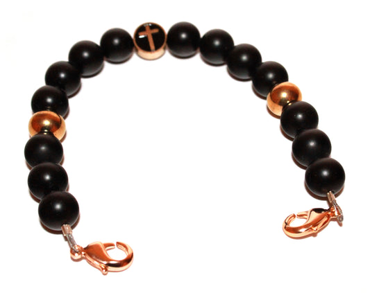 Gold Cross Midnight Black Bead Medical ID Bracelet