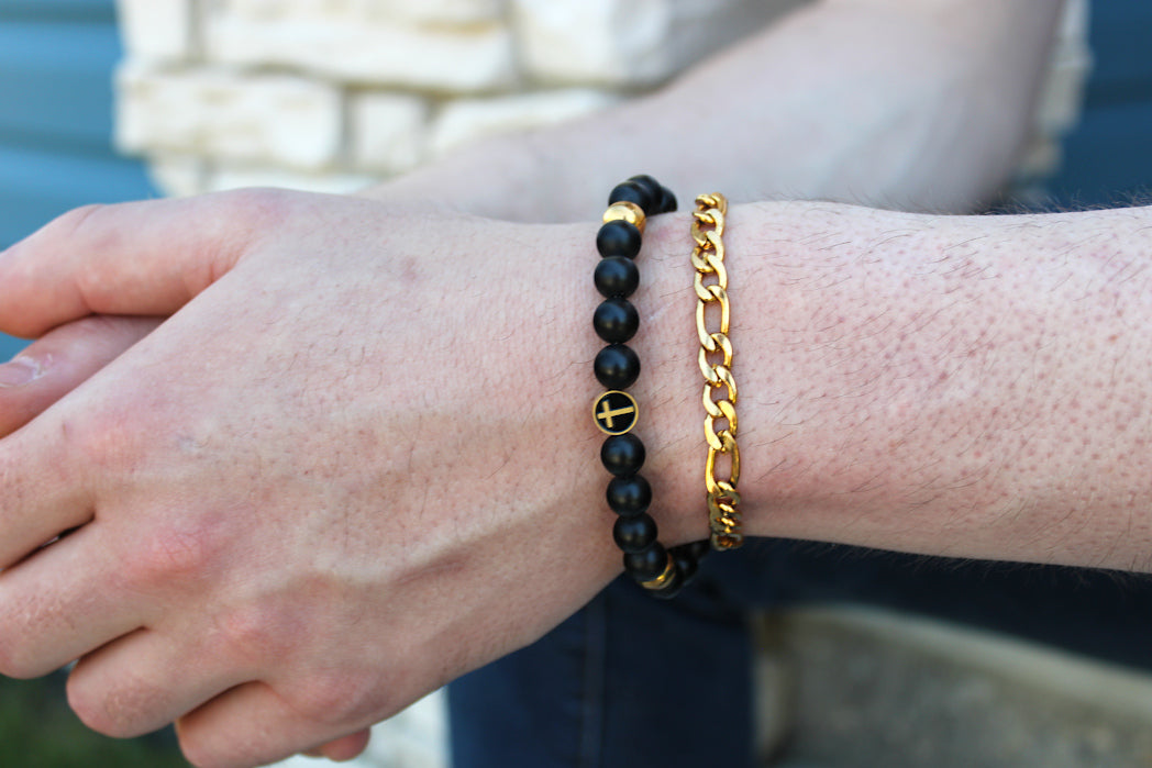 Gold Cross Midnight Black Bead Medical ID Bracelet