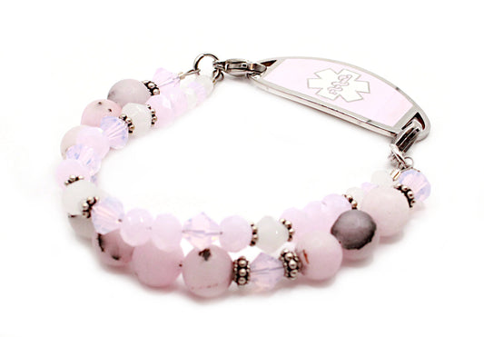 A bubble gum pink opal jade medical ID bracelet with crystals and sterling silver Bali's stainless steel lobster clasps.