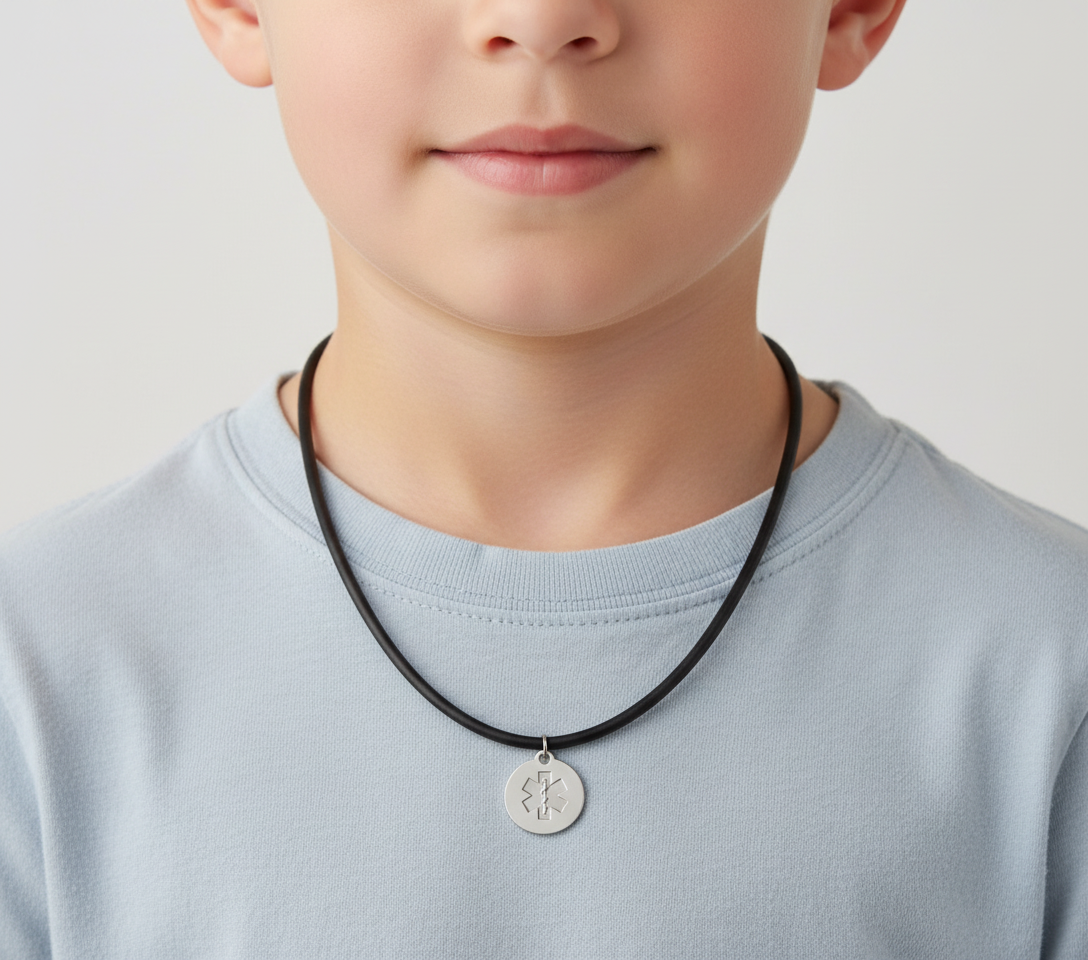 Medical ID Medallion Shield Black Rubber Cord Necklace