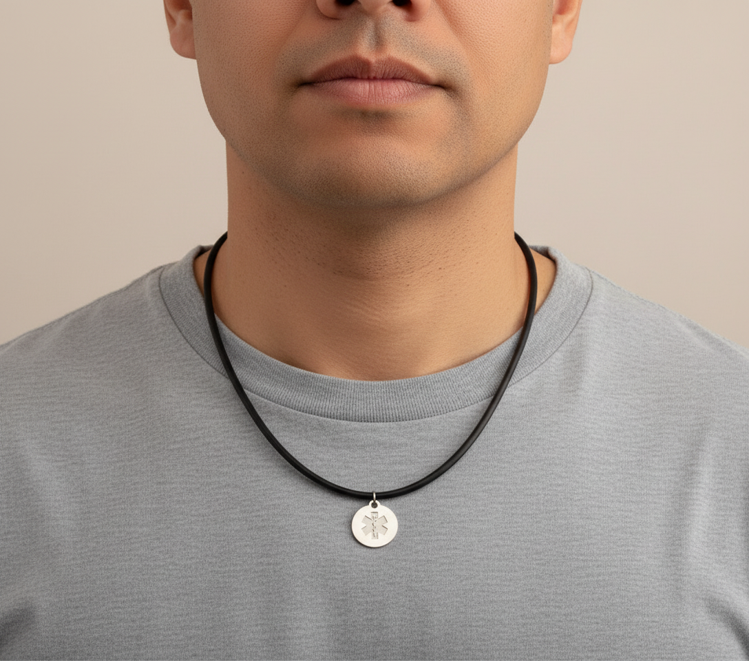Medical ID Medallion Shield Black Rubber Cord Necklace