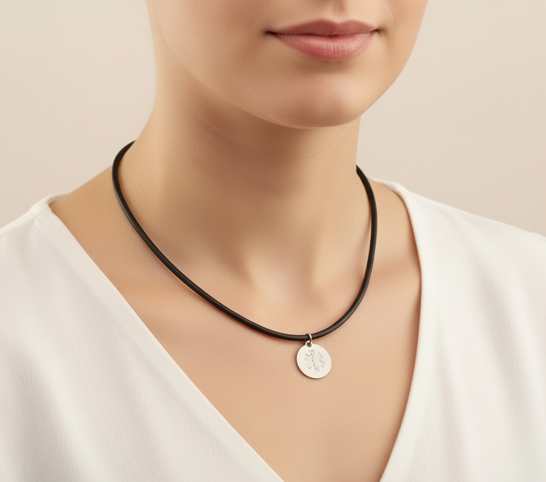 Medical ID Medallion Shield Black Rubber Cord Necklace