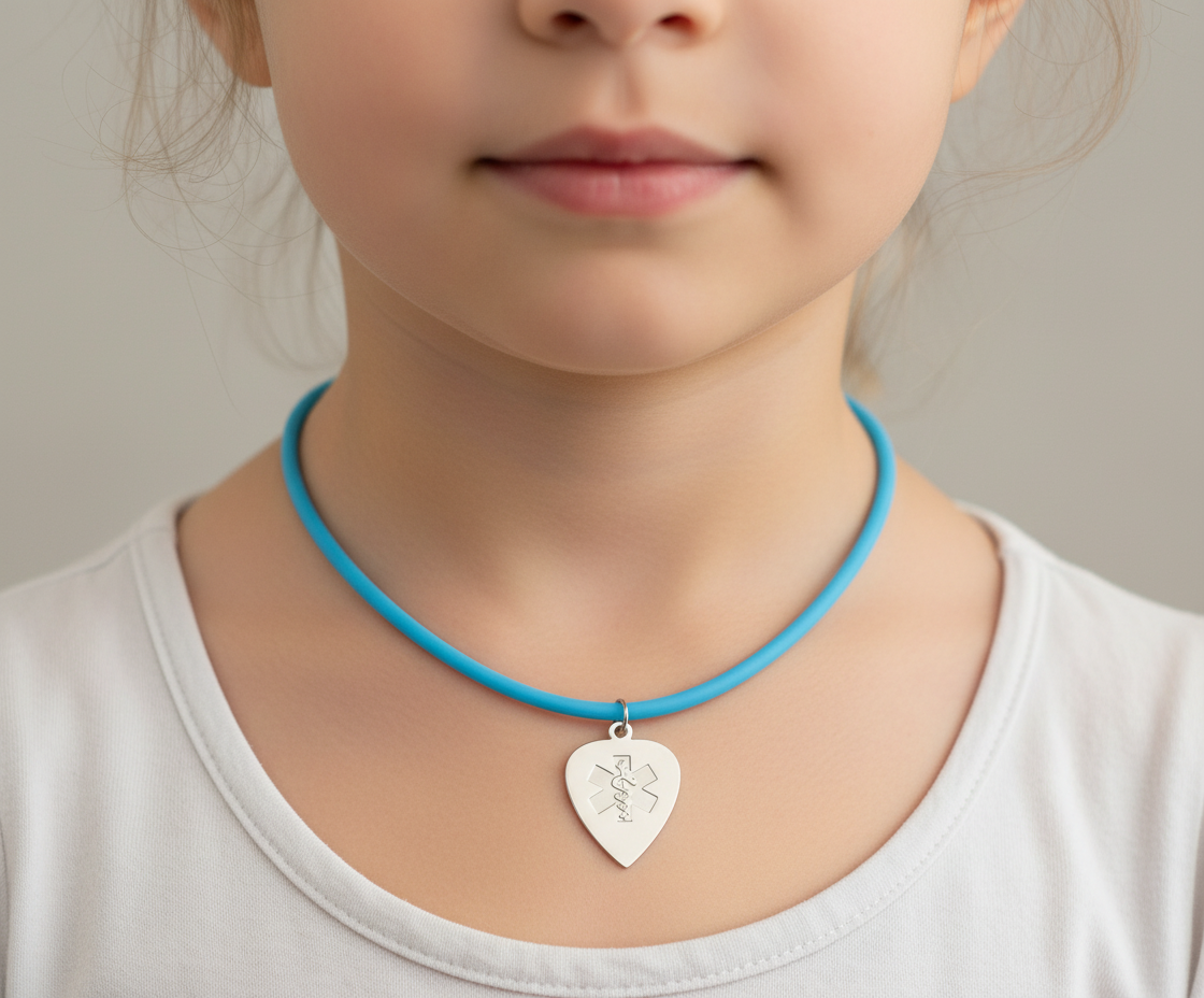 Color Block Heart Medical ID Blue Rubber Cord Necklace