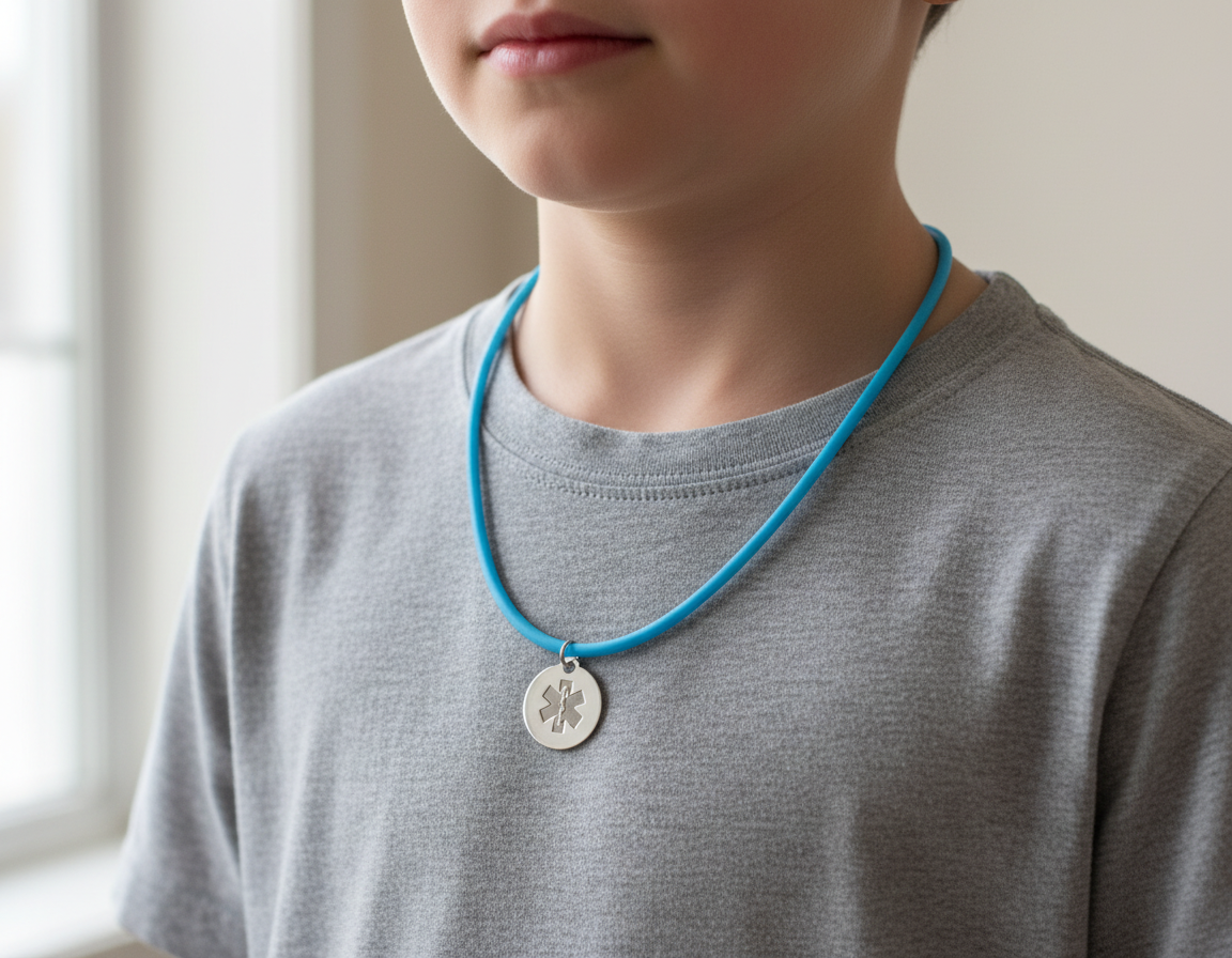 Medical Medallion Shield Blue Rubber Cord Necklace