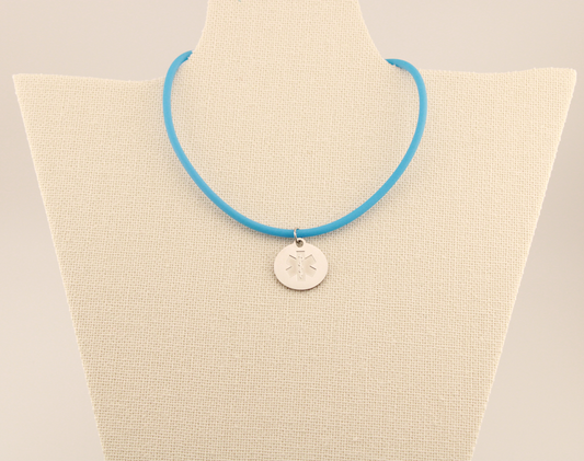 Medical Medallion Shield Blue Rubber Cord Necklace