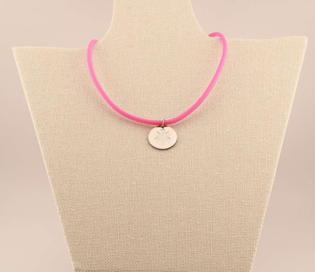 Bubblegum Pink Medical ID Medallion Pendant Rubber Cord Necklace