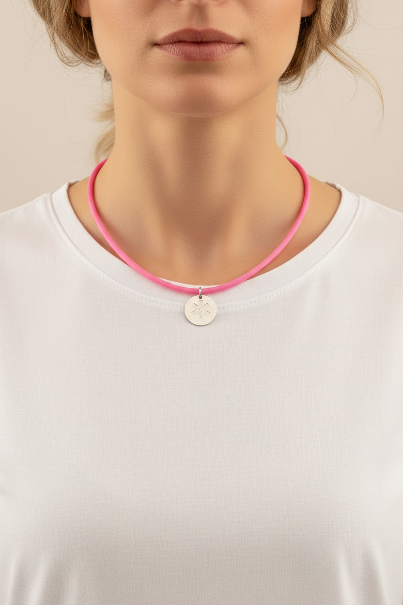 Bubblegum Pink Round Medical ID Pendant Necklace on Rubber Cord