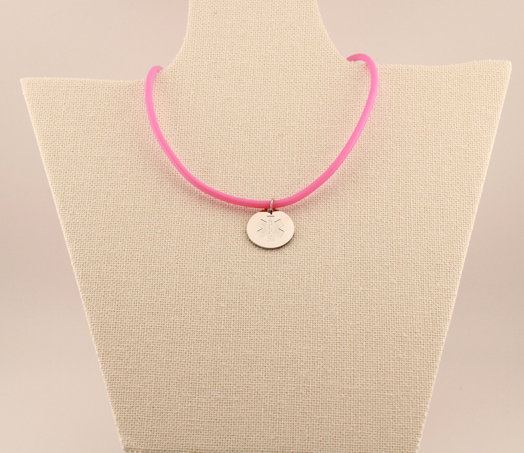 Bubblegum Pink Round Medical ID Pendant Necklace on Rubber Cord