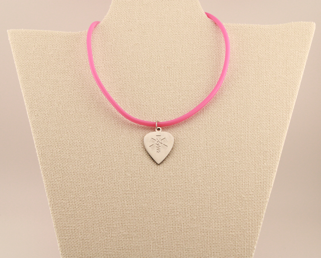 Bubblegum Pink Heart Medical ID Pendant Rubber Cord Necklace