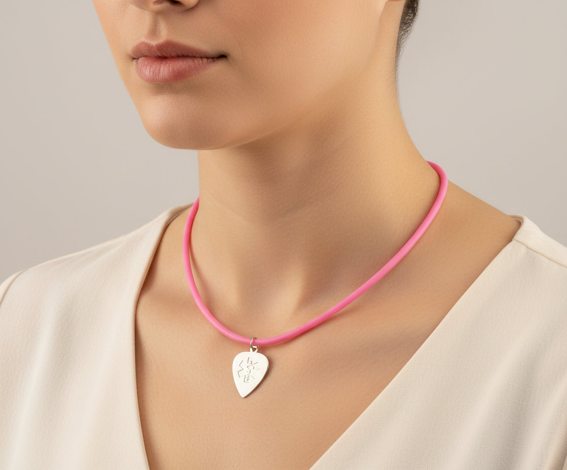 Bubblegum Pink Heart Medical ID Pendant Rubber Cord Necklace