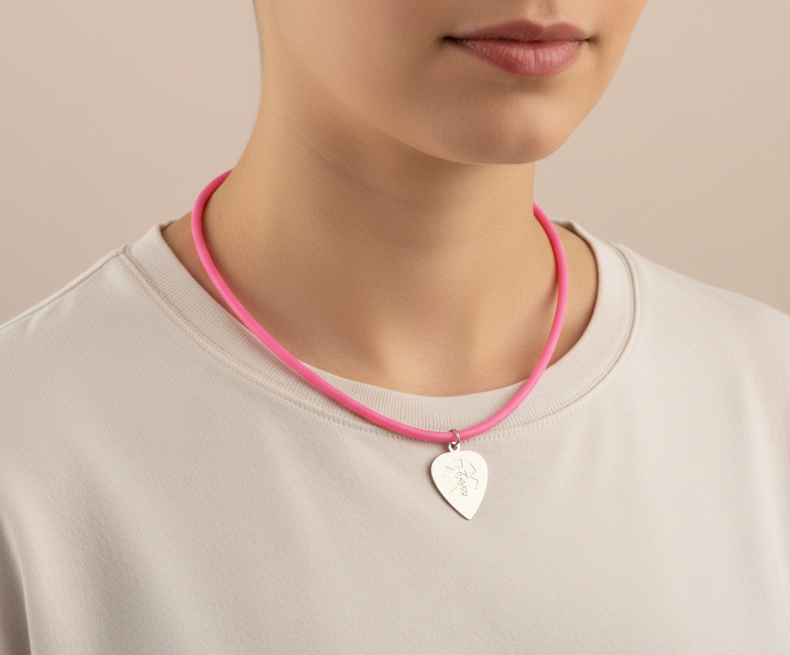 Bubblegum Pink Medical ID Medallion Pendant Rubber Cord Necklace