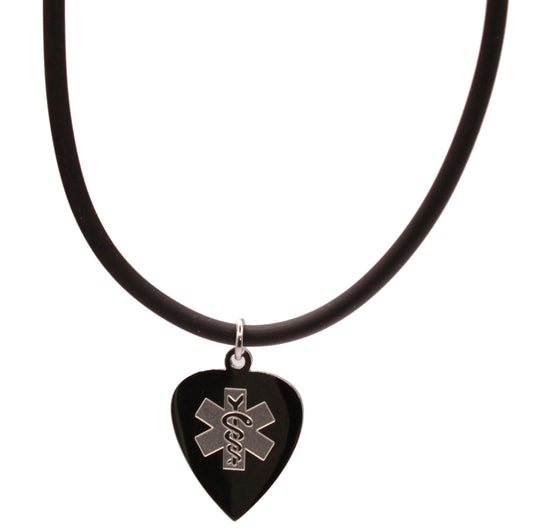 Hearts Forever Medical ID Black Rubber Cord Necklace