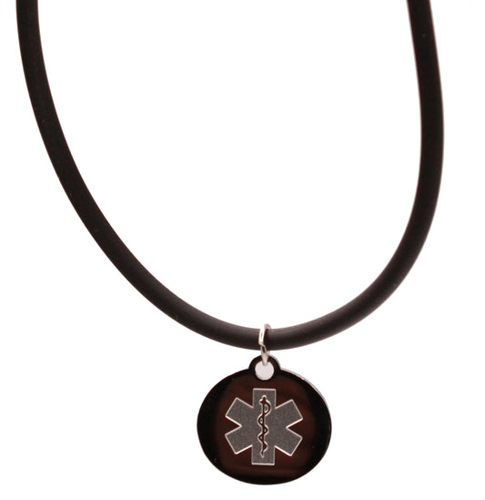 Medical ID Medallion Shield Black Rubber Cord Necklace