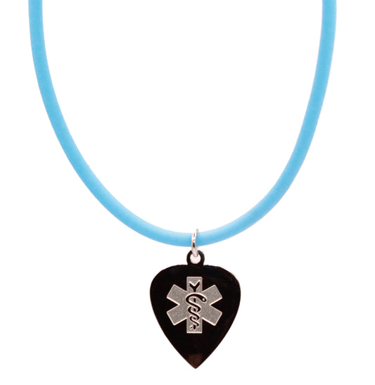 Color Block Heart Medical ID Blue Rubber Cord Necklace