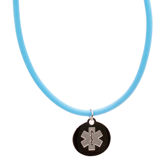 Medical Medallion Shield Blue Rubber Cord Necklace