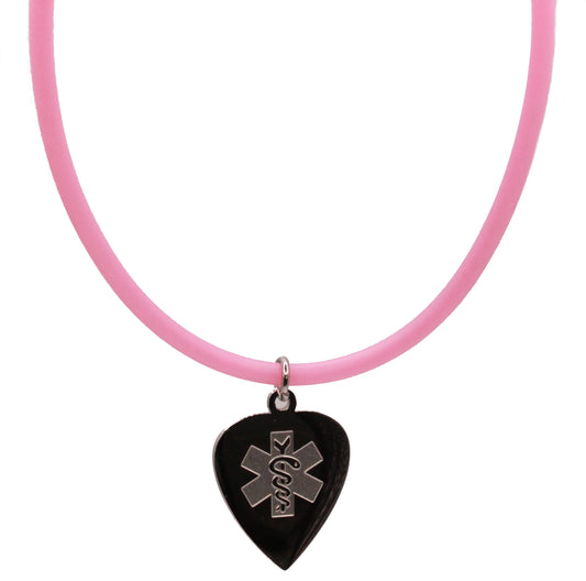 Pink Heart Medical ID Pendant Rubber Cord Necklace