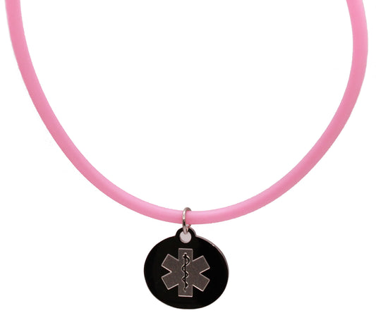 Pink Medical ID Medallion Pendant Rubber Cord Necklace
